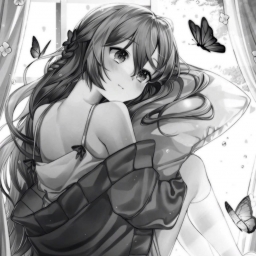 Тян девушка, аниме арт, с бабочками, черно-белый рисунок