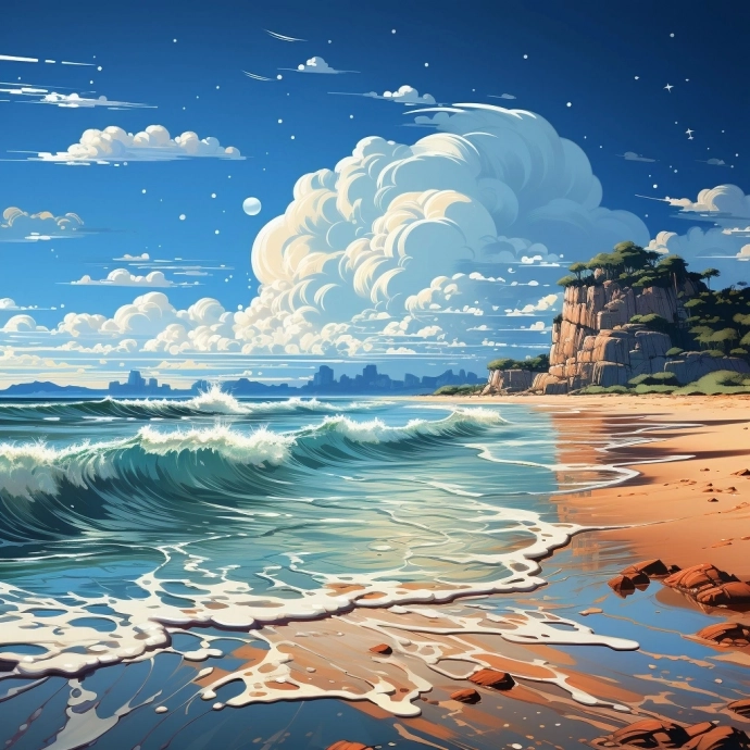 Рисунок нейросетью: пляж, море, облака