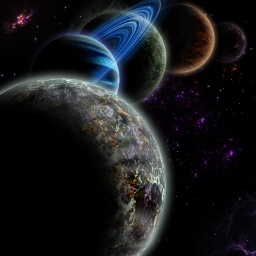 Рисунок, арт: три планеты, одна из них с кольцами. Космос