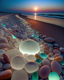 Красивые камни на пляже, светящиеся