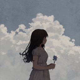 Аниме арт рисунок девочки с цветком на фоне облака