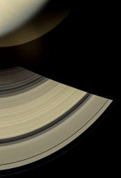Тень на кольцах, отбрасываемая Сатурном. NASA/Cassini