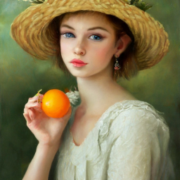 Очень красивая, милая, женственная, нежная девушка с красивыми глазами и апельсином. Рисунок