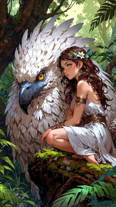 Очень красивые рисунки. Девушка и огромная птица. Арт изображения.