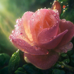 Утренняя роса в розовом лесу, эстетично, красиво, реалистично, крупным планом, профессиональное фото, 4k, высокое разрешение, вы
