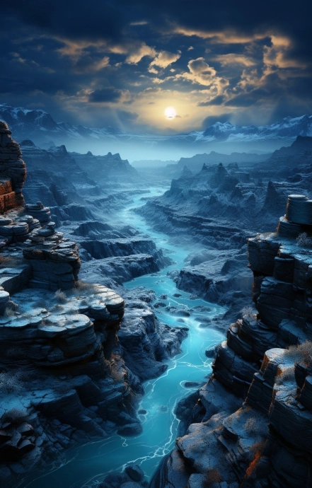 гранд—каньон, в стиле черного и темно—синего, темная ночь. Рисунок midjourney