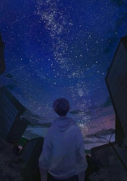 Арт рисунок аниме, парень, ночное звездное небо