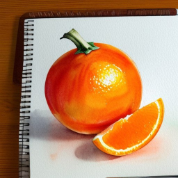 Апельсин на столе, рисунок на бумаге акварелью, midjorney