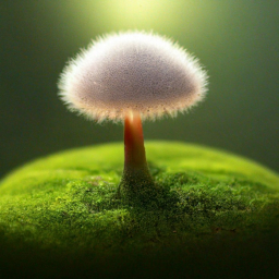 маленький пушистый грибочек который растет на зеленом мхе , приглушенное освещение, красиво, реалистично, высокое разрешение, кр