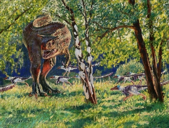 Динозавр среди деревьев. Рисунок
