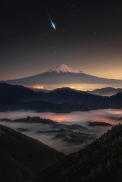 Яркий метеор над вулканом Фудзияма, Япония