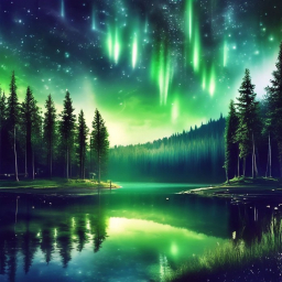 звездное небо с зелеными молниями на фоне леса и озера. Рисунок