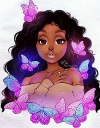 Девушка мулатовая вся в бабочках, красивая, арт рисунок