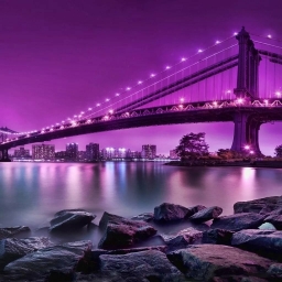 Фиолетового цвета: мост, река