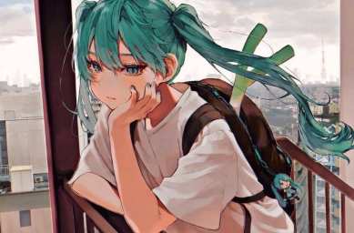 Аниме арт, девушка с длинными зелеными волосами