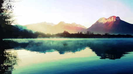 Озеро, горы, туман, красивый лиловый цвет