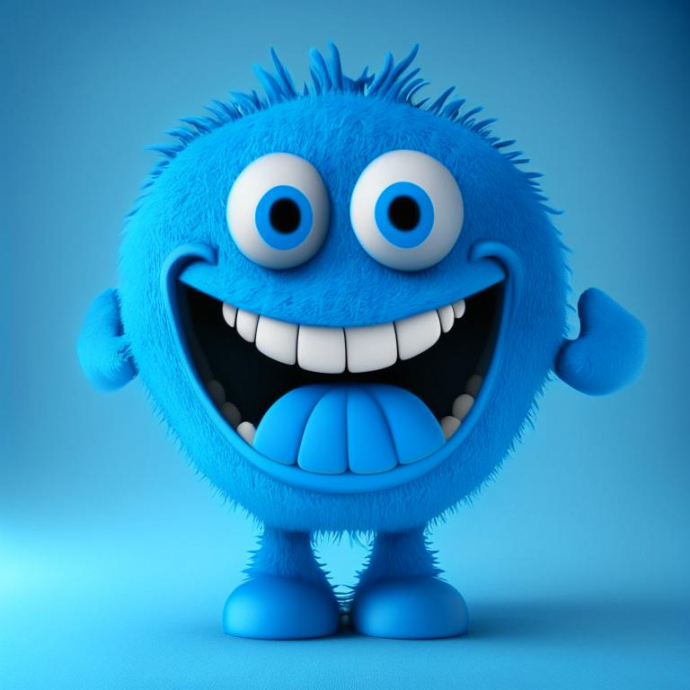 Мультяшный арт персонаж голубого цвета, улыбается, круглый