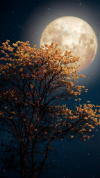 Луна, жёлтое дерево. Луна светится. Обои. Арт
