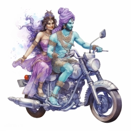 Бог Кришна на мотоцикле с любимой, нейросеть