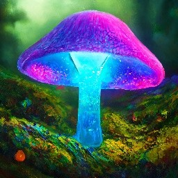 Красивый стеклянный разноцветный гриб в лесу. Разноцветное освещение. реалистично