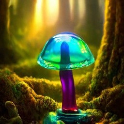 Красивый стеклянный разноцветный гриб в лесу. Разноцветное освещение