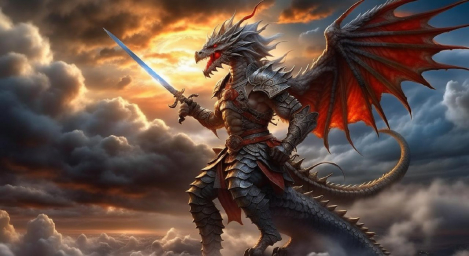 Дракон, рисунок, воин с мечом, сюжет: в облаках и красное солнце