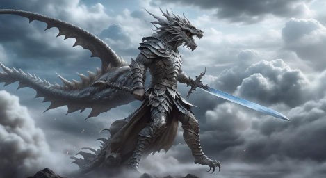 Дракон, рисунок, воин с мечом, сюжет: в облаках