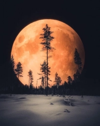 Полная Луна на ночном небе, зимний пейзаж, красноватого цвета