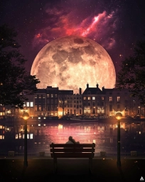 Огромная ночная Луна и люди на лавочке
