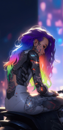 Девушка с разноцветными волосами на мотоцикле, арт рисунок